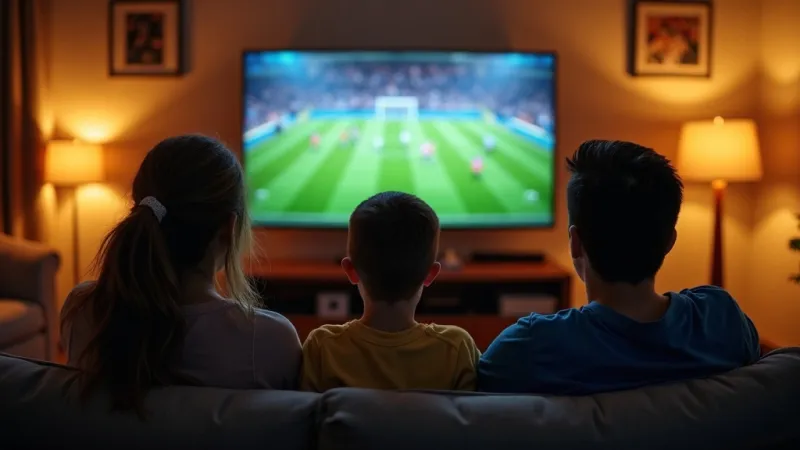 Famiglia italiana guarda calcio in streaming sul televisore