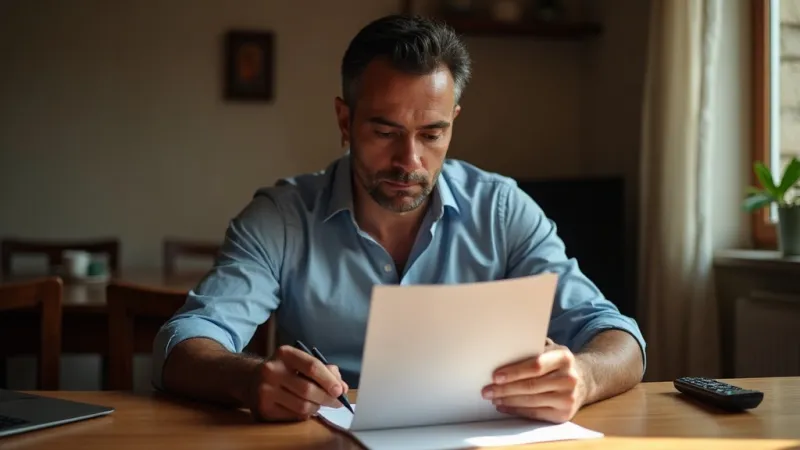 Uomo italiano legge contratto Sky con telecomando