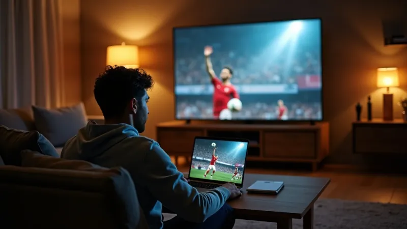 Uomo guarda Champions League streaming su laptop italiano