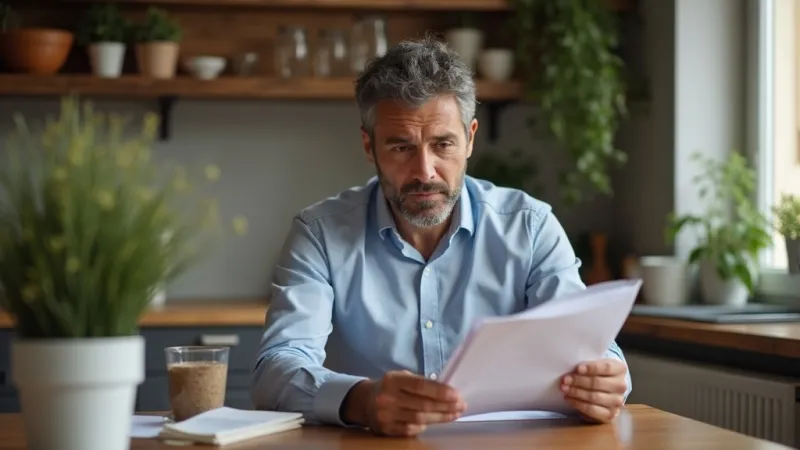 Uomo che consolida documenti di debiti in casa
