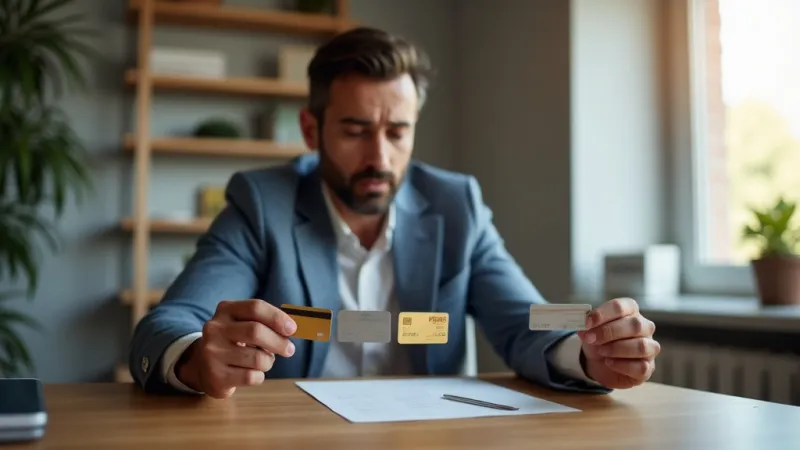 Uomo confronta tre carte bancarie diverse alla scrivania