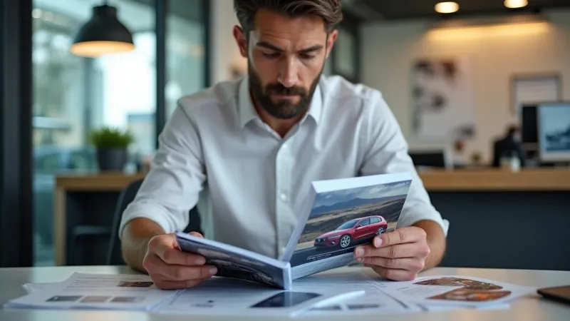 Uomo confronta opzioni leasing auto e noleggio lungo termine