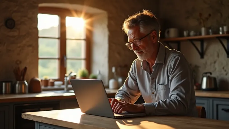 Uomo controlla connessione internet FWA in casa rurale