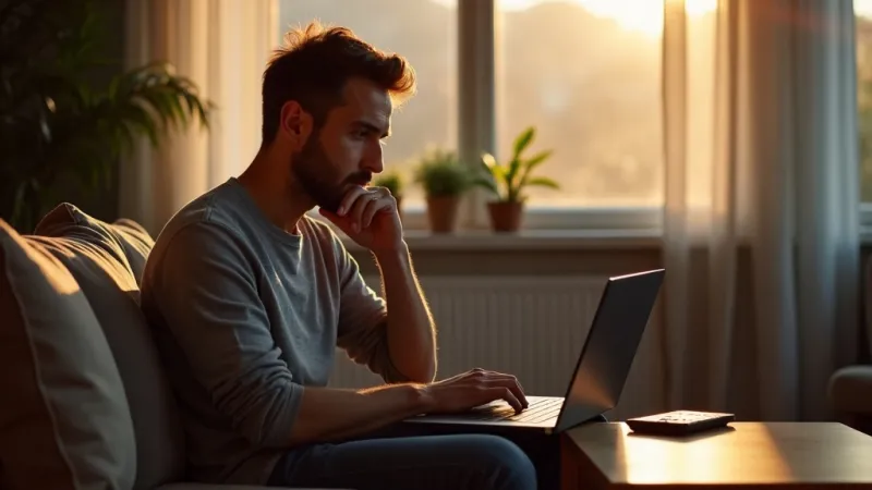 Uomo confronta piattaforme streaming su laptop in salotto