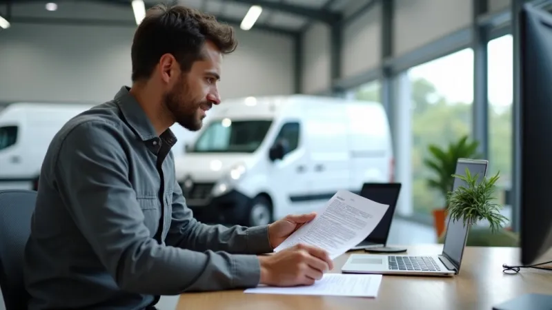 Operatore logistico esamina contratto NLT furgone commerciale