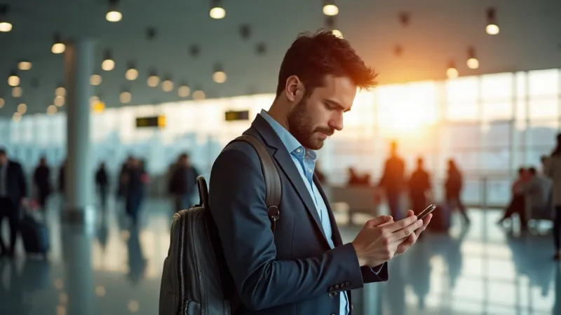 Uomo preoccupato controlla smartphone in aeroporto internazionale